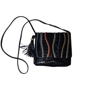 Vintage Via Piaggi Black Croc Embossed Crossbody Bag Wavy Multicolor Cord Tassel